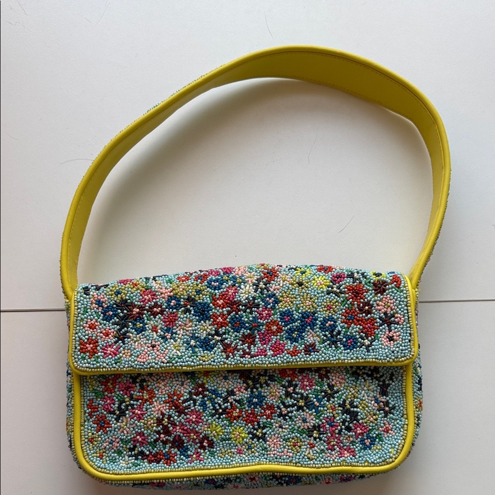 STAUD Multicolor Beaded Shoulder Bag with Yellow Strap